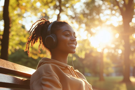 A joyful young Black woman sits on a park bench, headphones on, fully immersed in her favorite music. The sunlight filters through the trees, highlighting her radiant smile and carefree spirit as she sways gently to the rhythm of the tunes.の素材