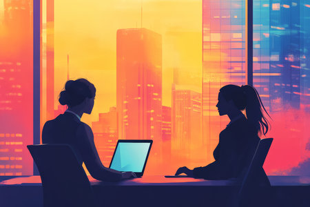 Two women dressed in chic business attire are seen brainstorming over a laptop during a meeting. The vibrant backdrop of the city skyline through the office window adds a contemporary feel, enhancing the energy of their collaborative discussion.の素材