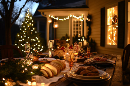 A charming winter gathering with friends around a festive table, beautifully decorated and softly lit. The warm glow of the lights enhances the cozy atmosphere as they share delicious food and delightful conversations.の素材