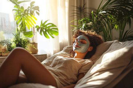 Lounging in a cozy, sunny living room, a young woman wearing a clay facial mask indulges in a relaxing self-care moment, her feet up and the space around her filled with plants and warm, soothing tones.の素材