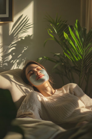 A young woman wearing a facial mask smiles contentedly while reclining on her sofa. Her living room is filled with soft, warm light, houseplants, and calming decor that enhances her self-care experience.の素材