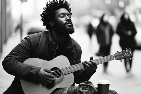 A young African American man with a full beard plays his guitar while seated on the pavement, a coffee cup and hat nearby, with passersby strolling by. His soulful expression captures the essence of a street performer.の素材