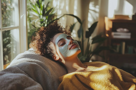 A young woman reclines on a soft, comfortable sofa with a facial mask applied, enjoying her skincare routine. The sunlight streaming through the windows enhances the cozy, inviting atmosphere of the living room.の素材