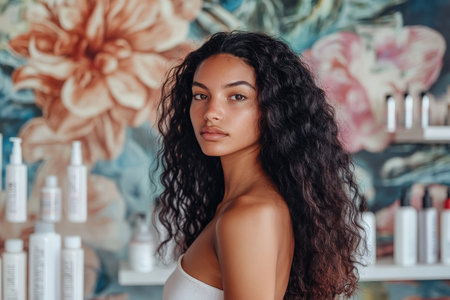 This eye-catching hair salon banner presents a beautiful young woman of mixed heritage with sleek, wavy long hair that reflects light. She stands poised in a contemporary salon, showing her style and confidence while surrounded by various hair care products.の素材