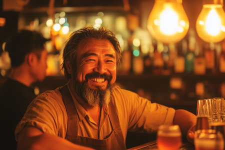 A middle-aged Japanese bartender with a thick beard and beaming smile engages in a cheerful conversation with customers at a lively pub. The warm lights create an inviting and relaxed atmosphere for all.の素材