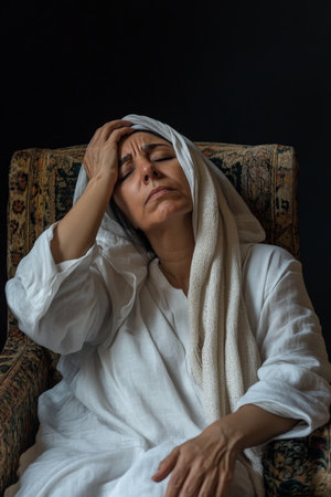 A middle-aged Arabian woman leans back in a chair, her eyes closed, hand resting on her forehead. The clean, simple background captures the essence of her physical discomfort, highlighting the internal battle against pain.の素材