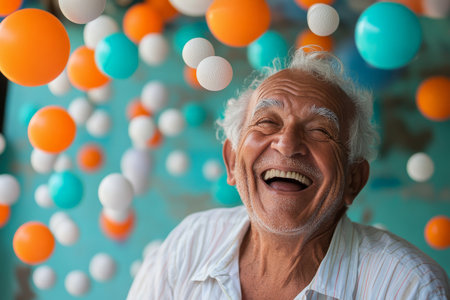 A joyful elderly Brazilian man, smiling widely, is surrounded by a flurry of turquoise, orange, and white balls. His happiness radiates through the colorful and lively ambiance, making the scene feel festive and playful.の素材
