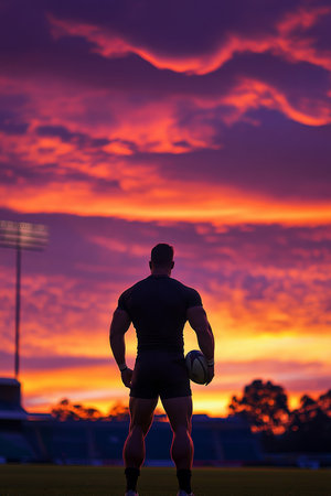 Against a breathtaking sunset, a rugby league player stands ready on an empty stadium field, gripping a rugby ball. The vivid colors of the sky highlight the player's athletic form, encapsulating the dedication and excitement inherent in the sport.の素材
