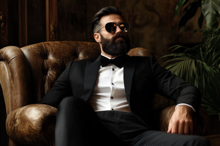 A bearded man in a tailored black suit and reflective sunglasses sits at ease in a leather chair, his posture relaxed yet commanding. The elegant setting, filled with soft, ambient lighting and polished decor, underscores his refined style.の素材