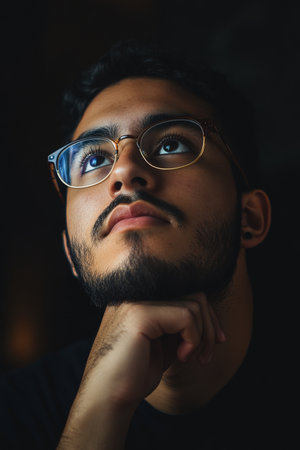 A young Hispanic man with glasses and a beard gazes into the distance with a thoughtful expression, his chin resting on his hand. The dark background enhances the quiet, contemplative atmosphere.の素材