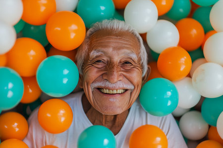 A cheerful elderly Hispanic man is surrounded by a playful mix of turquoise, orange, and white balls, smiling widely. His face lights up with pure joy, immersed in the happy atmosphere created by the vibrant colors.の素材