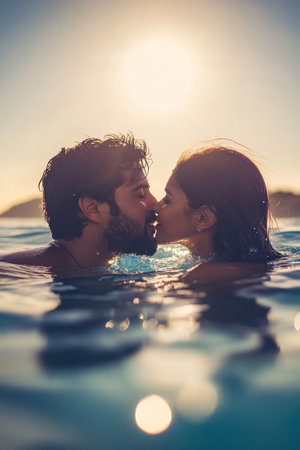 A charming Arabian couple enjoys a sunny day at the beach, sharing a sweet kiss while swimming in the ocean. The sun glimmers on the water's surface, enhancing their joy and connection, as they embrace each other in this beautiful coastal paradise.の素材