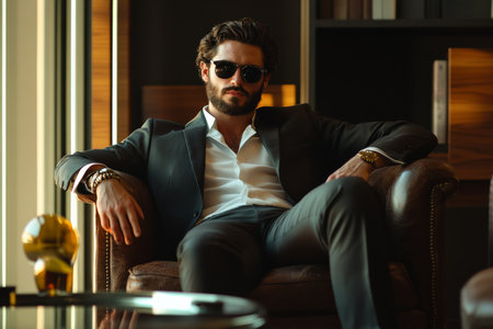 A stylish man with a beard and dark sunglasses relaxes in a leather chair, dressed in a perfectly fitted suit. The polished, modern interior design, featuring a glass coffee table and minimalist decor, emphasizes his confident and sleek persona.の素材
