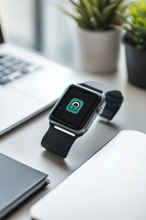 A close-up of a smartwatch screen displaying a lock icon, sitting on a clean and minimal desk. The workspace includes a sleek laptop and a notebook, highlighting the balance of modern technology and security.の素材