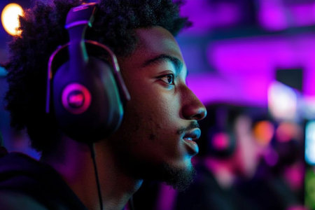 A focused Black male E-sport player is immersed in an intense gaming tournament, surrounded by vibrant LED lights and a cheering crowd. His expression shows determination as he maneuvers through a challenging game, headphones securely in place, embodying the essence of competitive gaming.の素材
