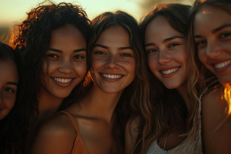 A tight-knit group of diverse women standing together, their smiles soft and genuine, with warm lighting highlighting their faces. The close-up captures the harmony and shared strength in their diversity.の素材