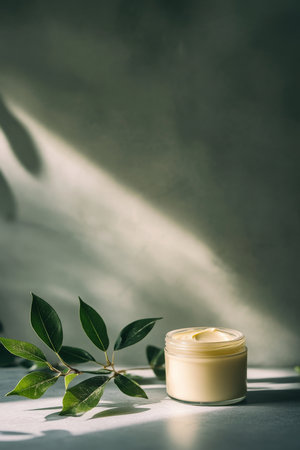 A jar of creamy moisturizer stands beside fresh green leaves on a clean gray surface. The soft lighting and minimalist background highlight the purity and natural beauty of the skincare product.の素材