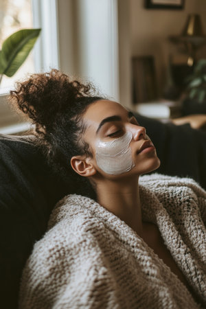 A young woman with her hair in a bun, wearing a hydrating facial mask, leans back on a cozy sofa. The living room is bathed in natural light, with soft blankets and warm colors creating a relaxing, inviting space for her self-care ritual.の素材