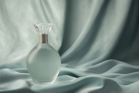 A beautifully crafted blank label perfume bottle stands poised against a luxurious velvet satin backdrop, exuding an air of sophistication. The soft texture of the fabric enhances the bottle's sleek design, creating a harmonious interplay between elegance and simplicity that captivates the viewer.の素材
