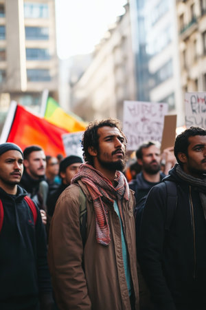 Migrants hold up signs and banners as they protest peacefully in an urban setting. The groupÃ¢â¬â¢s diversity reflects solidarity as they demand better living conditions and human rights for all.の素材
