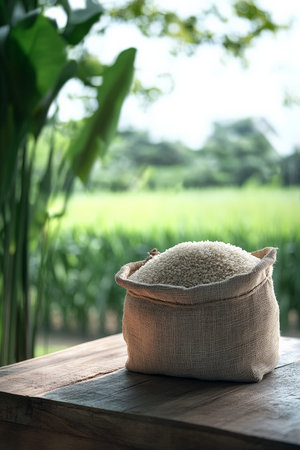 A beautifully arranged scene showcases a sack of rice on a worn wooden table, radiating a sense of authenticity. The blurred greenery of a rice garden in the background emphasizes the natural setting, highlighting the freshness and quality of the rice.の素材