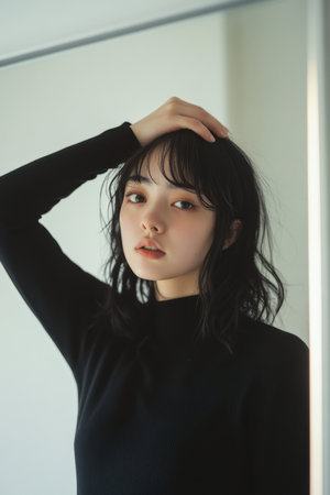 A young Japanese woman stands in front of a mirror, holding her head with a worried look. The minimalistic background enhances her emotional expression, reflecting the all-too-familiar sensation of physical discomfort in a fast-paced world.の素材