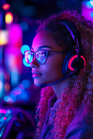 A skilled young woman of mixed heritage shines in this high-energy gaming tournament scene. With her intense focus and fast-paced gameplay, she demonstrates her exceptional skills while colorful lights and cheering fans create an electrifying atmosphere around her.の素材