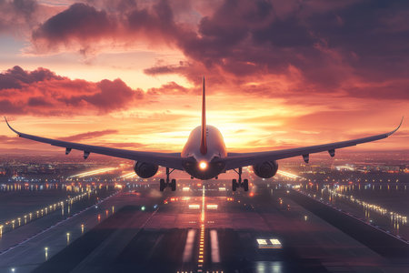 A large passenger plane descends gracefully toward a bustling airport runway, its landing gear extended in preparation for touchdown. The background features a vibrant sunset, casting warm hues over the scene as the plane approaches the illuminated runway, signaling the end of a journey.の素材