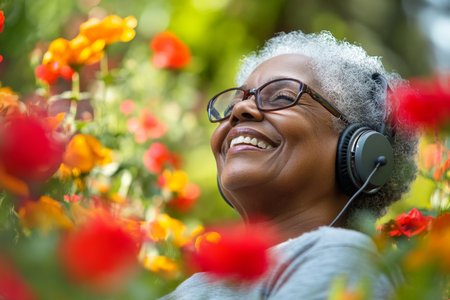 A vibrant senior Black woman enjoys a sunny day in her garden, headphones in place, as she listens to classic tunes. Her joyful laughter resonates through the flowers, capturing the essence of happiness and nostalgia as she tends to her plants.の素材