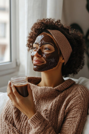 A woman enjoys a moment of self-care at home, with a chocolate facial mask on her face and a jar of hair treatment in hand. The bright, cozy setting accentuates her focus on beauty and relaxation.の素材