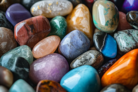 A close-up view of a vibrant collection of smooth stones in an array of colors, shapes, and sizes. The stones are displayed closely together, creating a stunning mosaic that glimmers in natural light, showing their unique textures.の素材