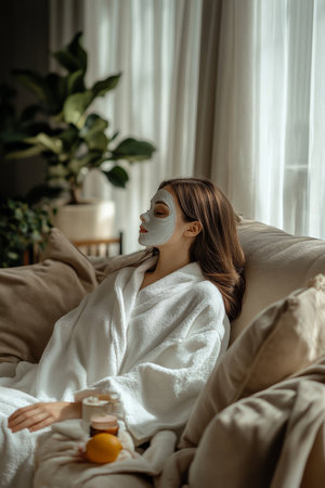 A young woman in a white robe and facial mask lounges on a soft, beige sofa, enjoying her skincare routine. The well-lit living room soft features, cozy furnishings and warm light, offering a perfect setting for relaxation.の素材