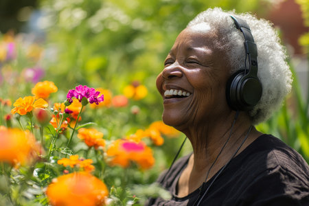 A vibrant senior Black woman enjoys a sunny day in her garden, headphones in place, as she listens to classic tunes. Her joyful laughter resonates through the flowers, capturing the essence of happiness and nostalgia as she tends to her plants.の素材