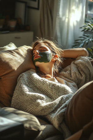 Reclined on a cozy, light-colored sofa, a young woman with a green clay mask rests with her feet up. The room is filled with soft sunlight, cozy throw pillows, and warm tones, creating a calming environment for her skincare routine.の素材