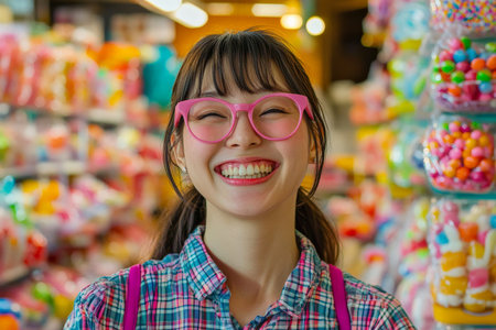 A cheerful Japanese woman in pink glasses and a plaid shirt, joyfully surrounded by a vibrant array of candies in a bustling candy store. Her glowing smile reflects the excitement of this colorful environment.の素材