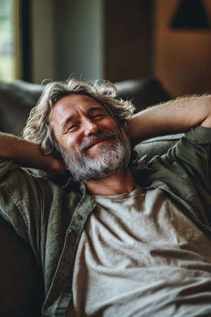 A middle-aged Caucasian man with light wavy hair and a beard lounges comfortably on his soft couch, hands behind his head, smiling widely in a tranquil home environment. The moment radiates calmness and satisfaction.の素材