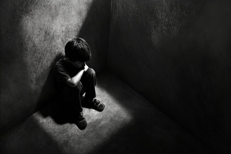 A child, head resting in their hands, sits in the corner of a small room. The shadows cast on the walls symbolize the emotional burden of bullying, stress, and depression, portraying feelings of helplessness.の素材