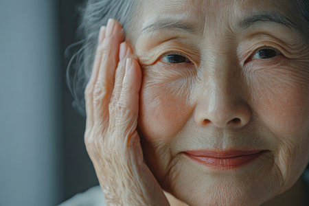 An elderly Japanese woman wipes her face, revealing her natural beauty with a peaceful expression. The close-up captures the elegance of her skincare routine, set against a clean background that enhances her graceful demeanor.の素材