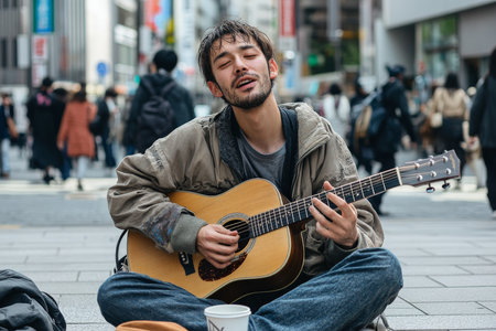 A young Japanese man with a short beard sits on the pavement, playing his guitar passionately, surrounded by pedestrians. A coffee cup and hat near him signal his busking activity in the busy city.の素材