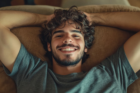 A young Brazilian man with wavy hair and a full beard relaxes on a cozy couch, smiling broadly as his hands rest behind his head. The soft textures and warm colors of his home reflect a moment of peace.の素材