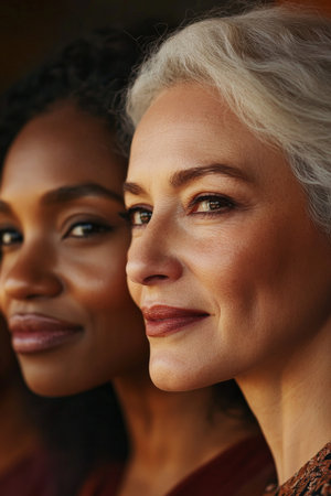 A close-up shot of women of different ages and ethnicities standing together, smiling softly. Warm lighting adds a comforting glow to their faces, emphasizing the beauty of diversity and togetherness.の素材