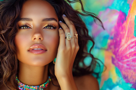 A young Brazilian woman displays her luxurious wavy hair and striking jewelry on her fingers. Her radiant makeup captures attention, against a bright and lively background that celebrates her vibrant personality and fashion sense.の素材