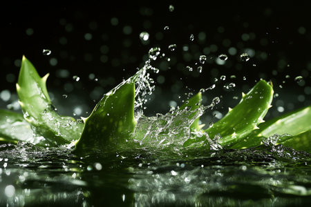 A dynamic depiction of aloe vera pieces being propelled into the air by a powerful splash of water showcases the refreshing essence of the plant. The clarity of the droplets and the vivid green of the aloe combine to create an invigorating visual experience.の素材