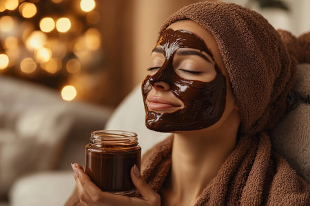 A woman relaxes in her cozy living room, chocolate facial mask on her face, and holding a jar of hair treatment. The scene embodies a peaceful moment of self-care, focused on beauty and well-being.の素材