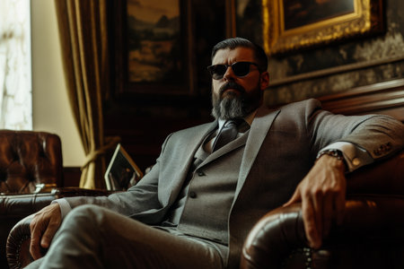 A man with a full beard, dressed in a gray suit and dark sunglasses, leans back in a luxurious leather armchair. The upscale room, decorated with elegant artwork and muted tones, adds to the atmosphere of power and style.の素材