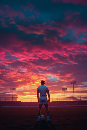 Against a breathtaking sunset, a rugby league player stands ready on an empty stadium field, gripping a rugby ball. The vivid colors of the sky highlight the player's athletic form, encapsulating the dedication and excitement inherent in the sport.の素材