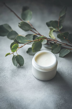 A jar of luxurious moisturizer, its cream texture visible, rests next to delicate green leaves on a minimalist gray surface. The simplicity and elegance of the scene emphasize natural beauty and skincare.の素材
