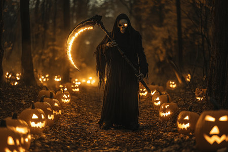 In a dark, atmospheric setting, a Halloween-themed reaper dons a skull mask while holding a scythe that glows faintly. The figure stands on a path lined with flickering jack-o'-lanterns, casting an eerie light that contrasts with the deep shadows surrounding him.の素材