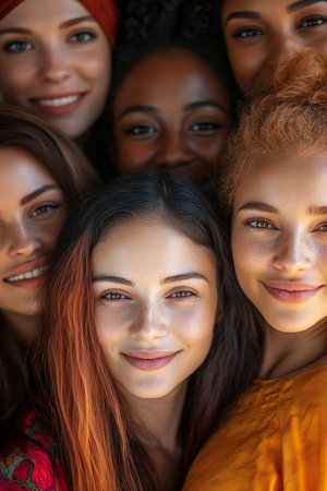 A group of diverse women stands in close proximity, their faces lit by soft, warm light. Their smiles convey a quiet strength and warmth, representing unity in diversity.の素材
