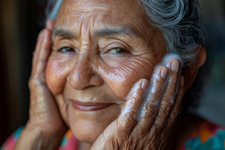 An elderly Hispanic woman gently cleanses her face, revealing a radiant, natural glow. The close-up captures the essence of her beauty routine, set against a soft background that reflects her wisdom and grace in self-care.の素材